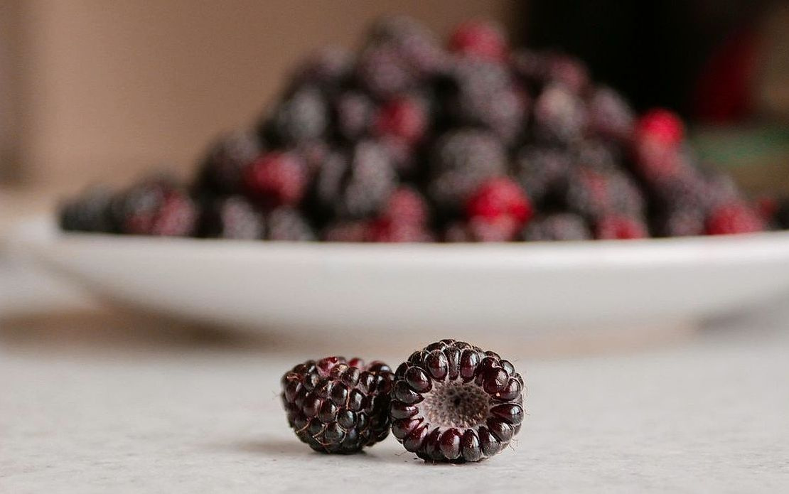 Fresas rojas brillantes con su tallo verde, frambuesas y moras en una bolsa de papel